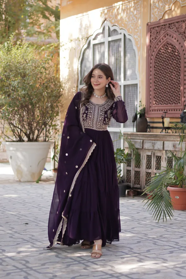 Wine_Gown_With_Dupatta_Set_Ethnic_Wear_Push_Premium_For_Women