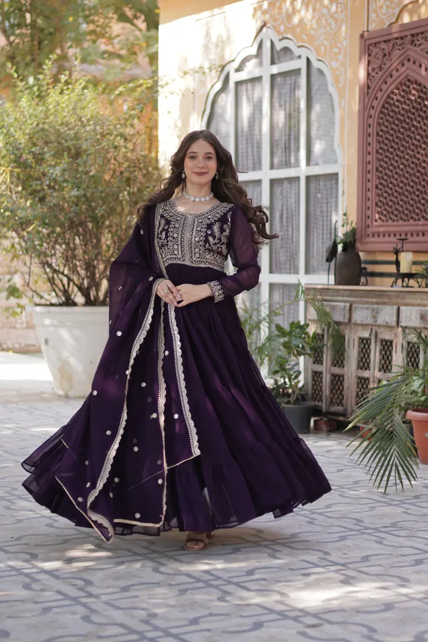 Wine_Gown_With_Dupatta_Set_Ethnic_Wear_Push_Premium_For_Women