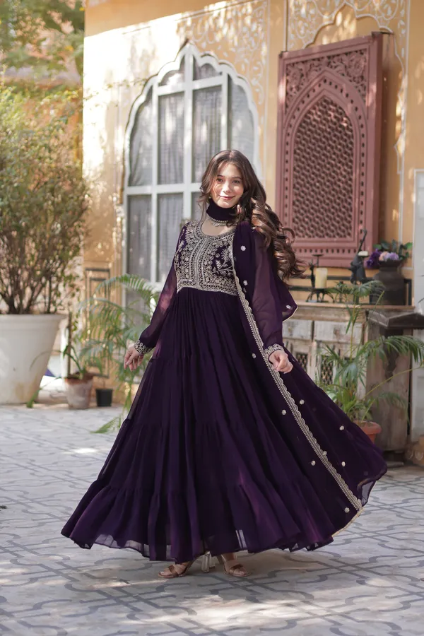 Wine_Gown_With_Dupatta_Set_Ethnic_Wear_Push_Premium_For_Women