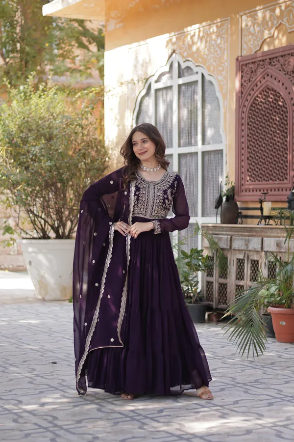 Wine_Gown_With_Dupatta_Set_Ethnic_Wear_Push_Premium_For_Women