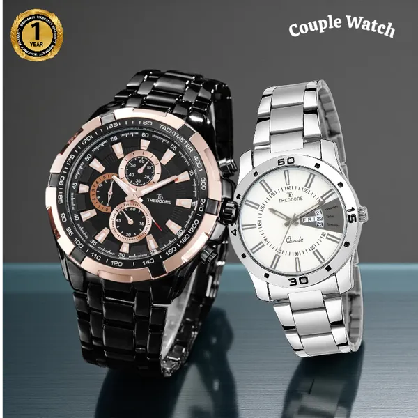 Pack_of_2__Watches_Black_Analogue_Round_Dial_and_White_Watch_With_1_year_warranty_for_Couple