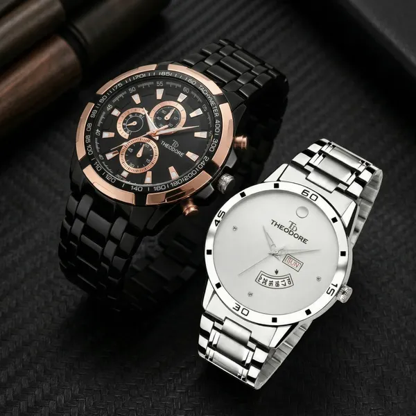 Pack_of_2_Silver_Date_And_Day_Round_Dial_and_Black_Metal_Chain_Watch_With_1_year_warranty_for_Men_-_TD192-30