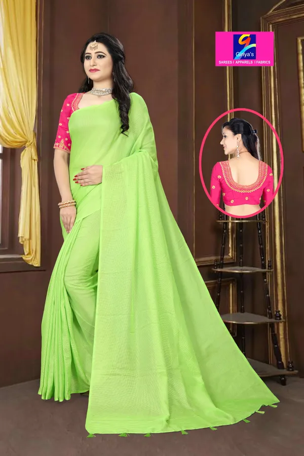 Parrot_Green_Linen_Plain_Designer_Saree_For_Women
