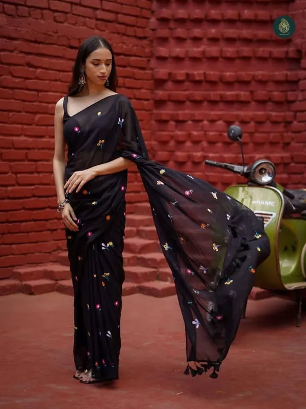 Black__100%_Pure_Mul_Cotton_Trending_Floral_Embroidered_Saree_For_Women