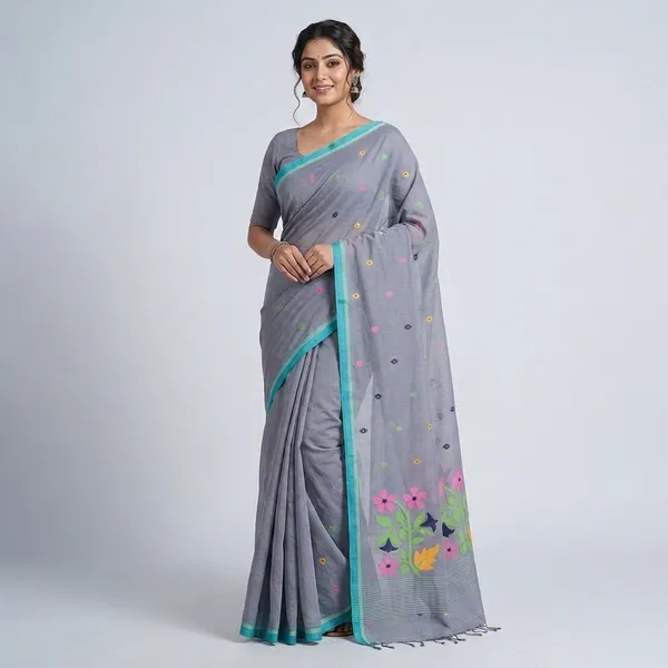 Grey_Handloom_Cotton_Floral_Print_Teal_Border_Saree_For_Women