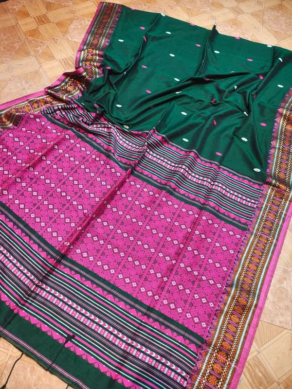 Green_And_Pink_Pure_Cotton__Ikat_Print_Traditional_Saree_For_Women