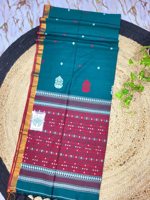 Teal_100%_Cotton_Handloom_Ikat_handwork_Maroon_Border_Saree_For_Women