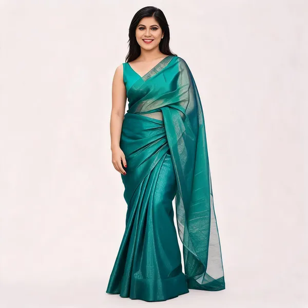 Teal_Linen_Tissue_Shimmer_Ethnic_Saree_For_Women
