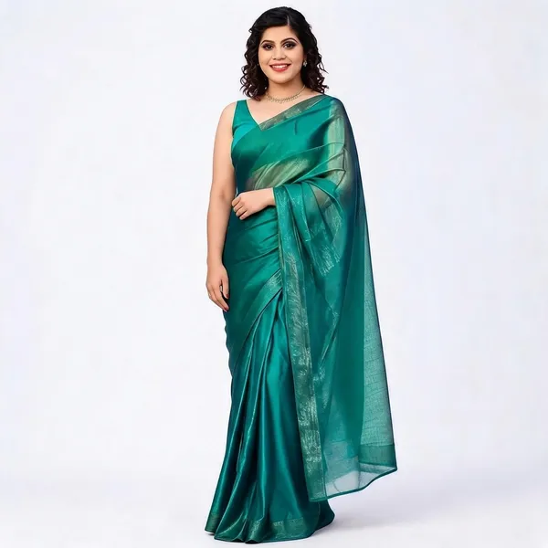 Teal_Linen_Tissue_Shimmer_Ethnic_Saree_For_Women