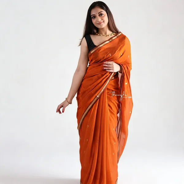 Orange_Silk_Zari_Border_Saree_With_Black_Blouse_For_Women