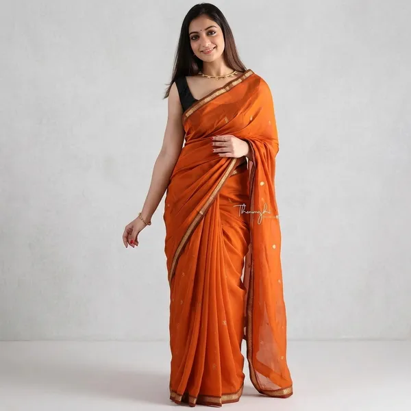 Orange_Silk_Zari_Border_Saree_With_Black_Blouse_For_Women