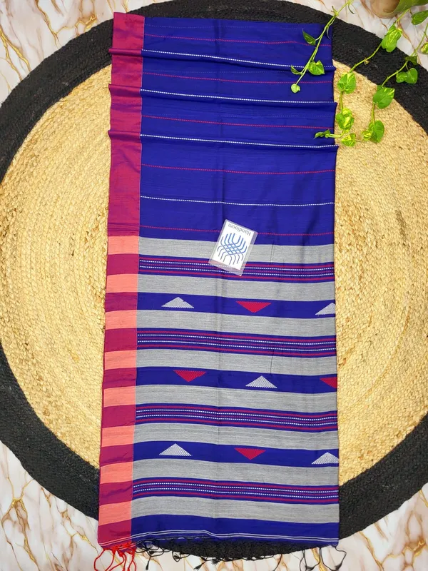 Blue_Cotton_Handwoven_Striped_Border_Saree_For_Women