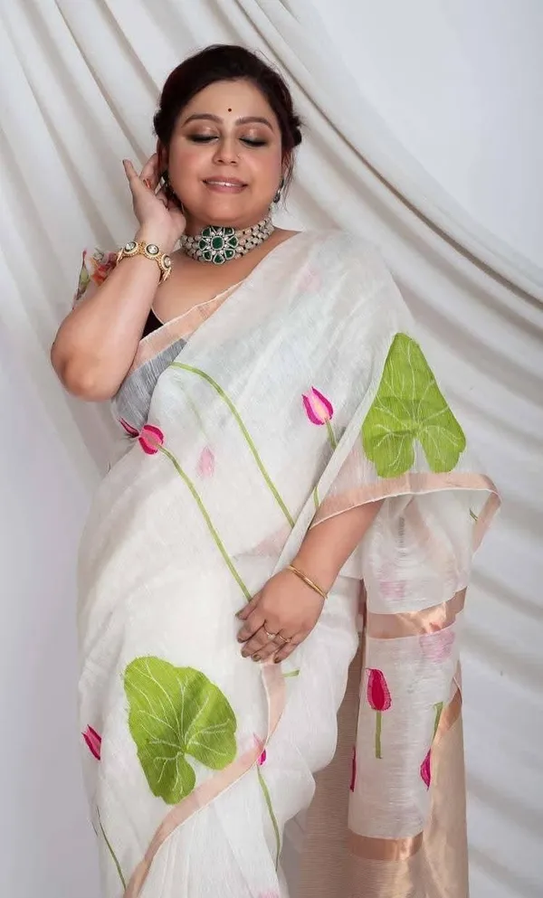 White_Linen_Silk_Lotus_Print_Zari_Border_Saree_For_Women