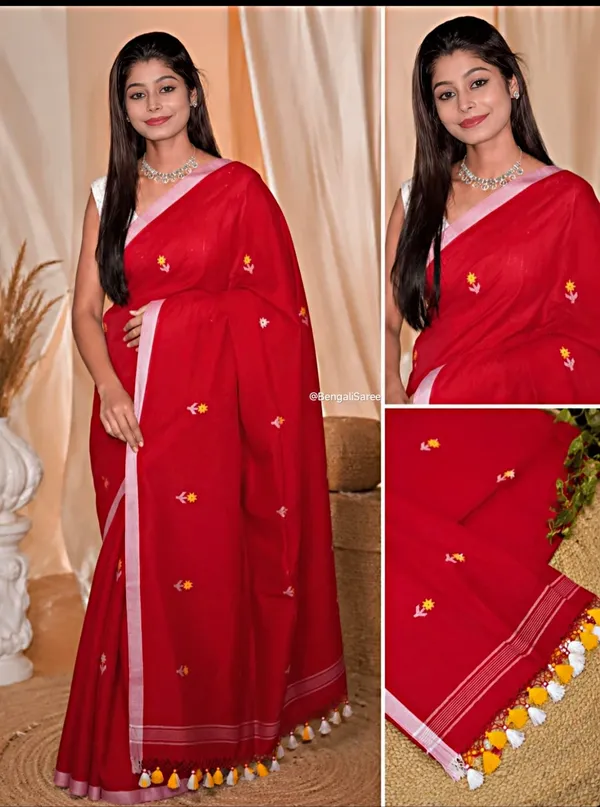 Red_Cotton_Handwoven_Booti_Saree_For_Women_