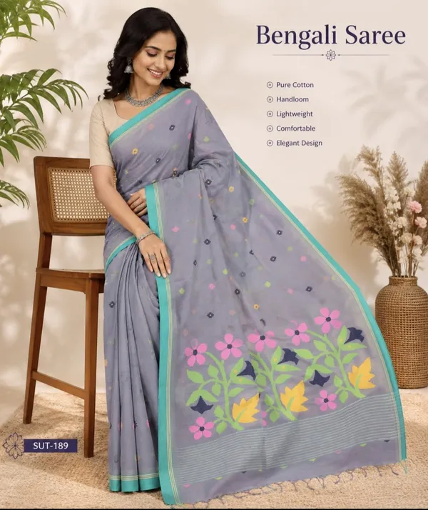 Grey_Handloom_Cotton_Floral_Print_Teal_Border_Saree_For_Women