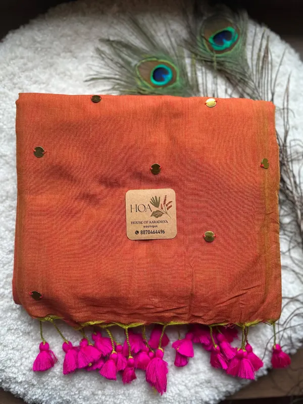 Orange_Cotton__Sequin_Work_Tassel_Saree_For_Women