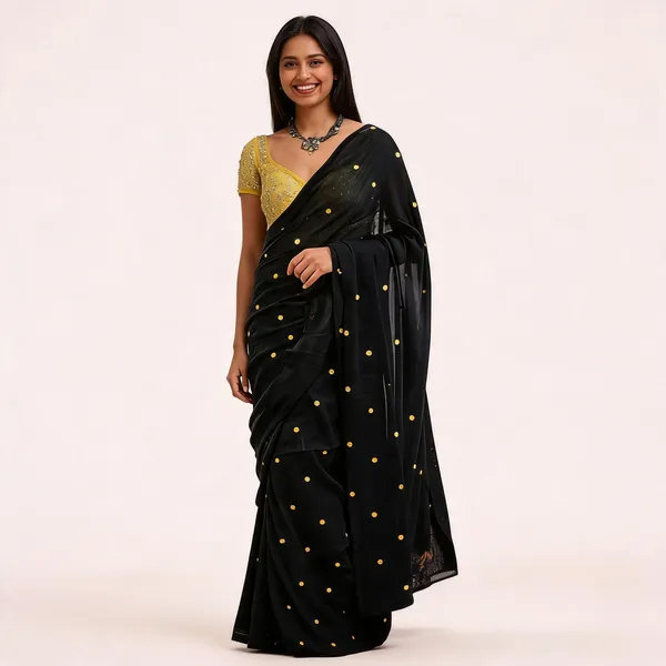 Black_Polka_Dot_Sequin_Saree_With_Yellow_Blouse_For_Women