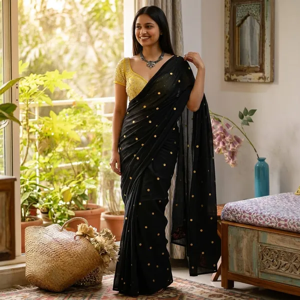 Black_Polka_Dot_Sequin_Saree_With_Yellow_Blouse_For_Women