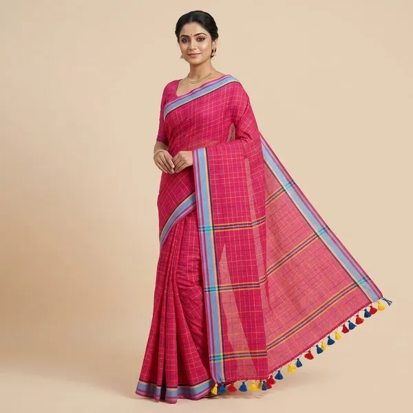 Pink_Handloom_Cotton_Checked_Pom_Pom_Border_Saree_For_Women