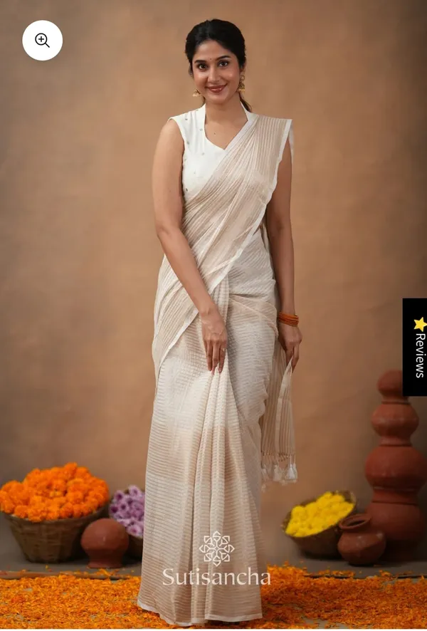 White_Cotton_Handloom_Zari_Striped_Saree_For_Women