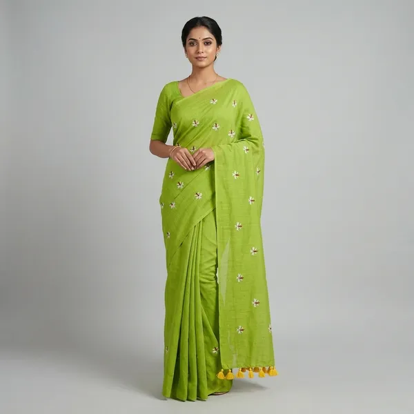 Green_Cotton_Embroidered_Floral_Yellow_Tassel_Saree_For_Women