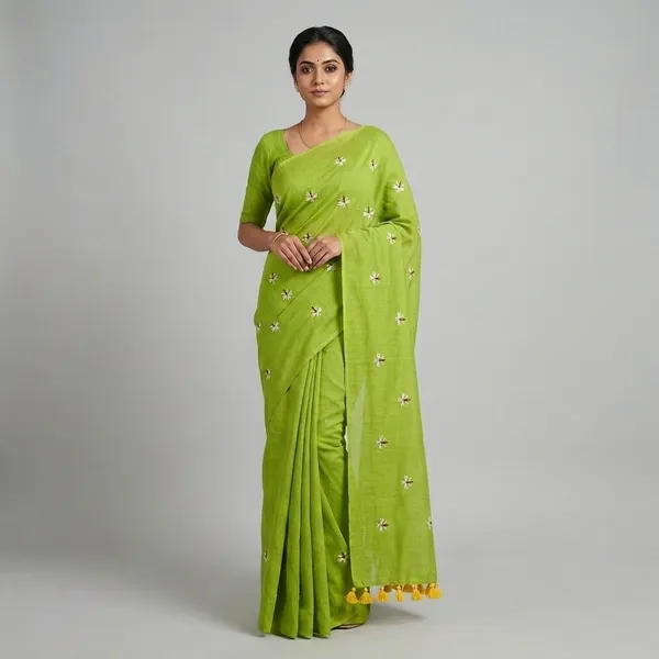 Green_Cotton_Embroidered_Floral_Yellow_Tassel_Saree_For_Women