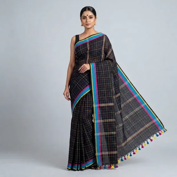 Black_Cotton_Multicolor_Checkered_Print_Tassel_Saree_For_Women
