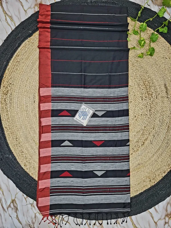 Black_Handloom_Cotton_Striped_Border_Tassel_Saree_For_Women