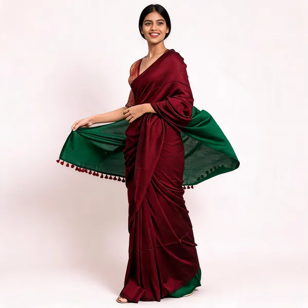 Maroon_Cotton_Handloom_Reversible_Tassel_Border_Saree_For_Women