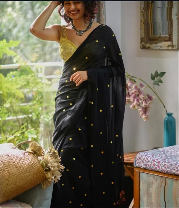 Black_Polka_Dot_Sequin_Saree_With_Yellow_Blouse_For_Women