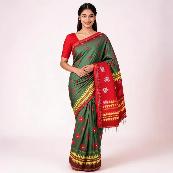 Green_Handloom_Cotton_Polka_Dot_Print_Saree_For_Women