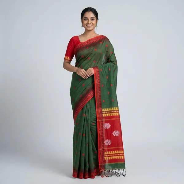 Green_Handloom_Cotton_Polka_Dot_Print_Saree_For_Women