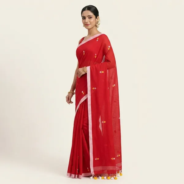 Red_Cotton_Handwoven_Floral_Motif_Saree_For_Women