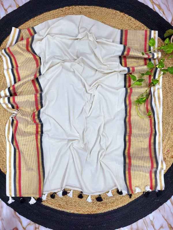 Off_White_100%_Pure_Mul_Cotton_Trending_Striped_Border_Tassel_Saree_For_Women