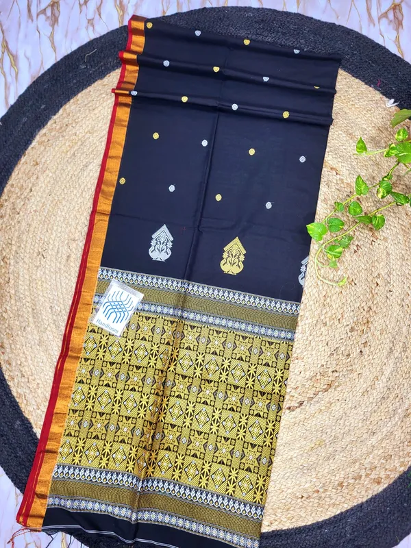 Black_Handloom_Cotton_Butti_Print_Mustard_Border_Saree_For_Women