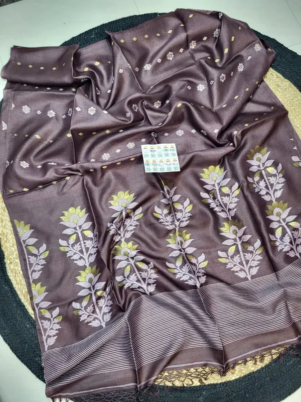 Brown_Tussar_Silk_Floral_Woven_Border_Saree_For_Women