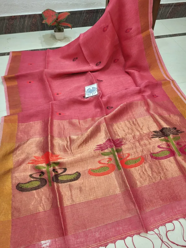 Pink_Pure_Lilen_Zari_Border_Floral_Motif_Saree_For_Women