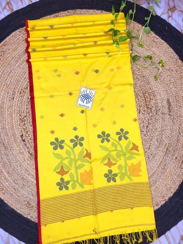 Yellow_Cotton_Handloom_Floral_Print_Saree_For_Women