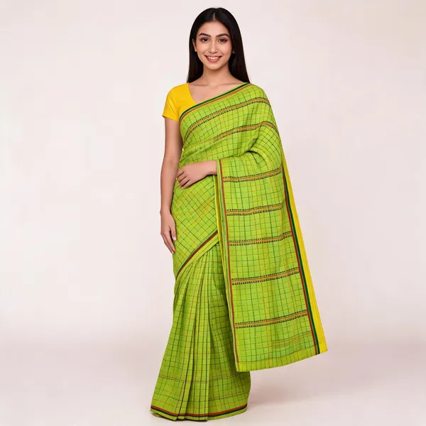 Green_Handloom_Cotton_Checked_Contrast_Border_Saree_For_Women