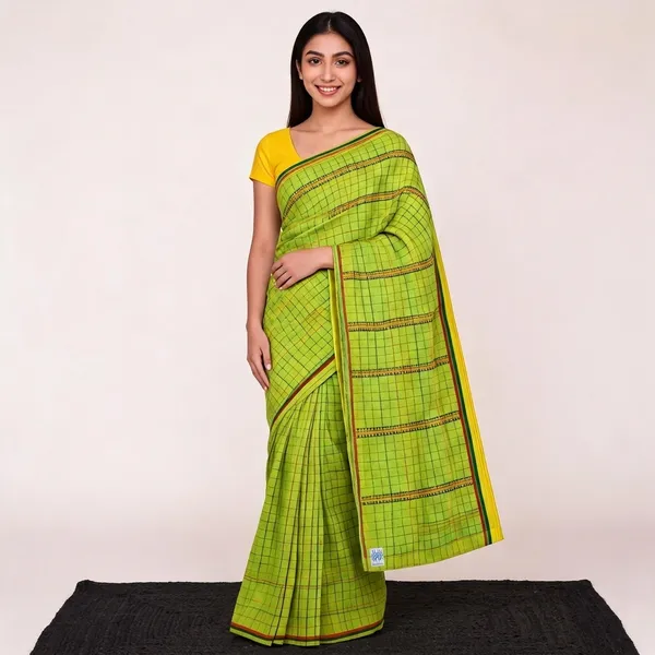 Green_Handloom_Cotton_Checked_Contrast_Border_Saree_For_Women
