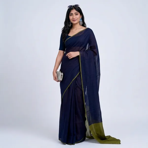 Navy_Blue_Handloom_Cotton_Plain_Saree_For_Women