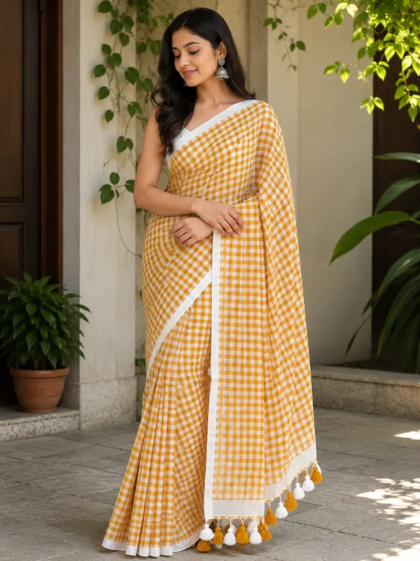 Yellow_100%_Pure_Mul_Cotton_Trending_Boho_Gingham_Check_Saree_For_Women