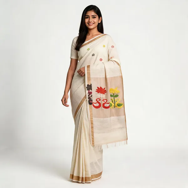 Cream_Cotton_Handwoven_Swan_Motif_Saree_For_Women