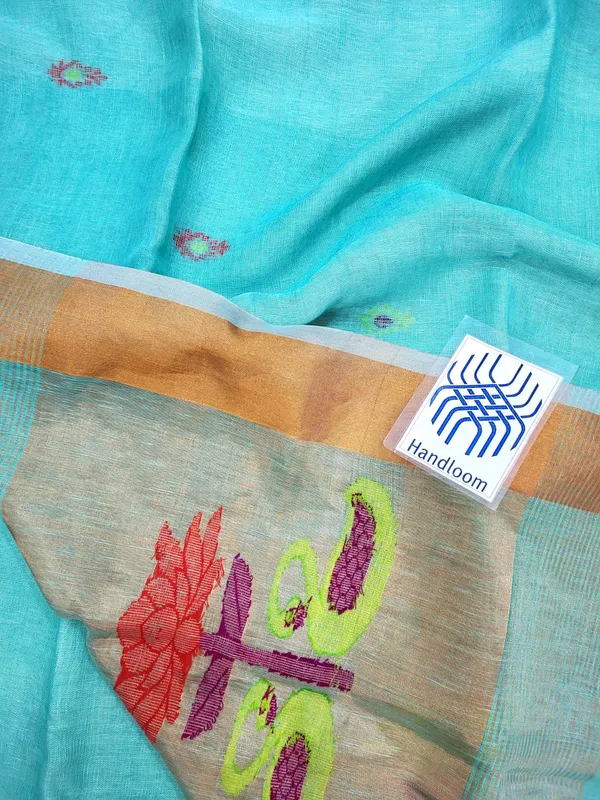Turquoise_pure_Linen_Handloom_Woven_Border_Saree_For_Women