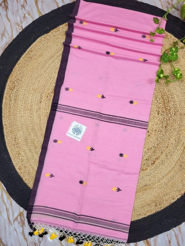 Pink_Cotton_Handwoven_Booti_Tassel_Border_Saree_For_Women