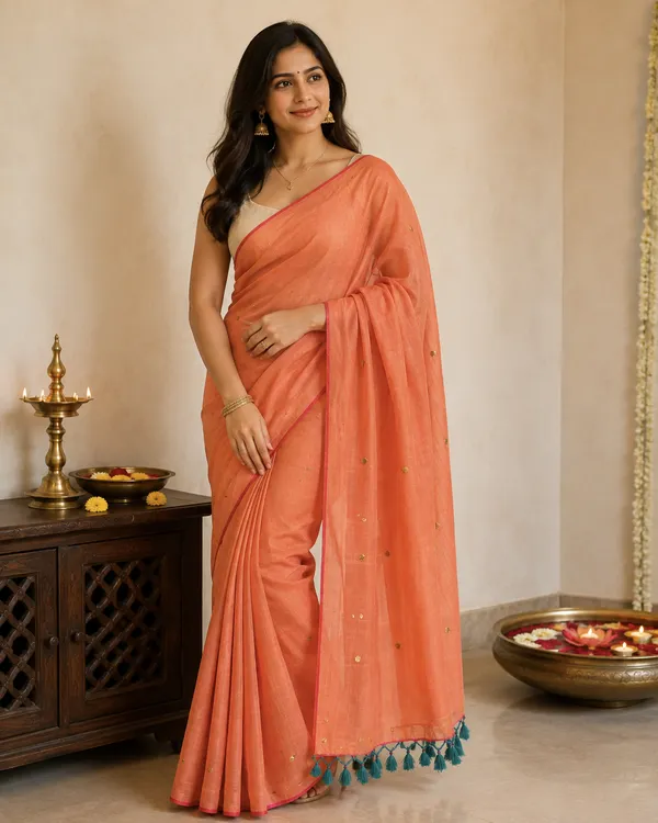 Peach_Cotton_Sequin_Embellished_Tassel_Saree_For_Women