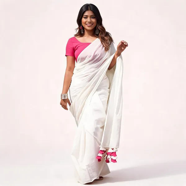 White_Cotton_Tassel_Border_Saree_With_Pink_Blouse_For_Women