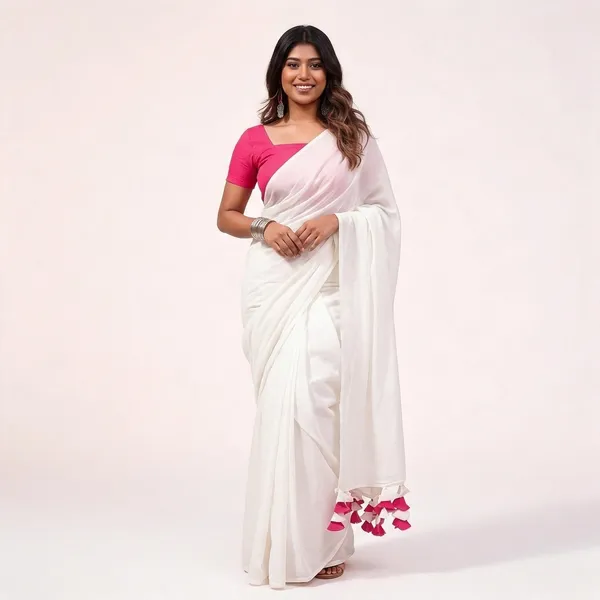 White_Cotton_Tassel_Border_Saree_With_Pink_Blouse_For_Women