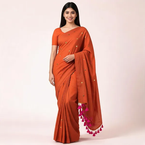 Orange_Cotton__Sequin_Work_Tassel_Saree_For_Women