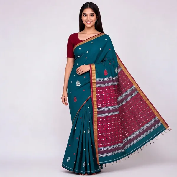 Teal_100%_Cotton_Handloom_Ikat_handwork_Maroon_Border_Saree_For_Women